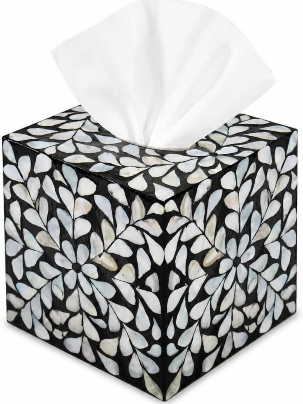 Rustic Wooden Tissue Box Cover with Mother of Pearl Inlay - Farmhouse Decor, 5.5